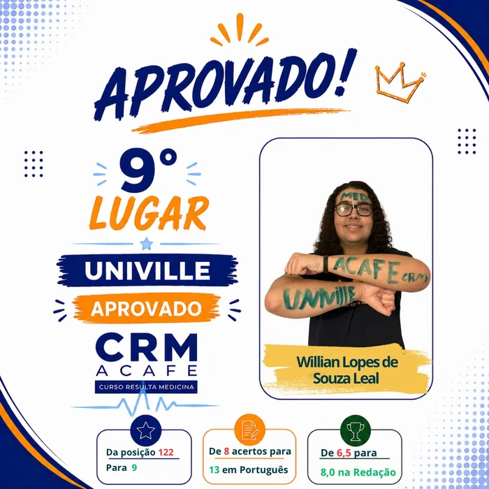 Willian Lopes de Souza Leal, aprovado em Medicina pela UNIVILLE, 9º lugar
